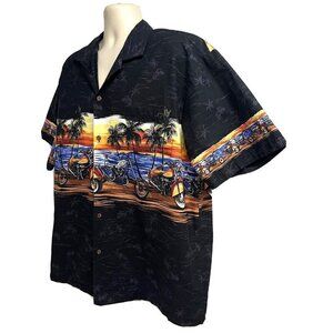KYs Vintage Black Hawaiian Aloha Button Front Shirt 2XL Pocket Motorcycle USA